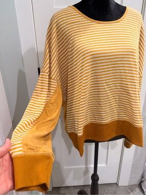 Hem & Thread Mustard White Striped Abstract Oversized Drop-Shoulder Pullover S/M